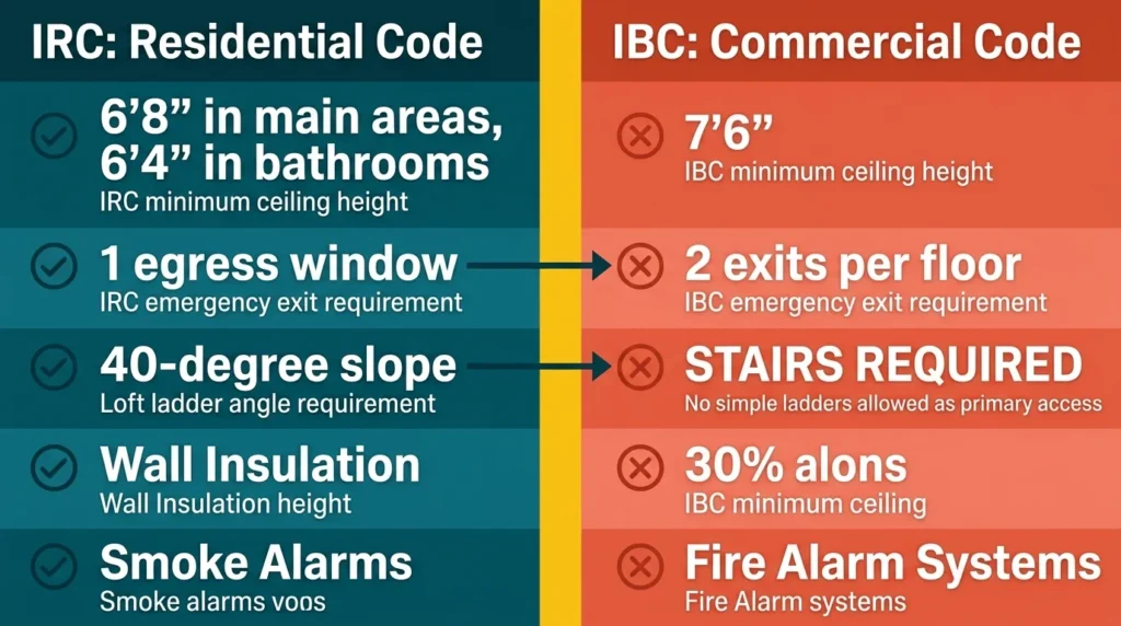 Infographic comparing IRC and IBC building codes for tiny houses.