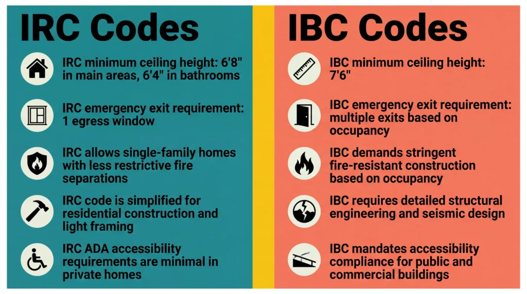 Infographic comparing IRC and IBC building codes for tiny houses.