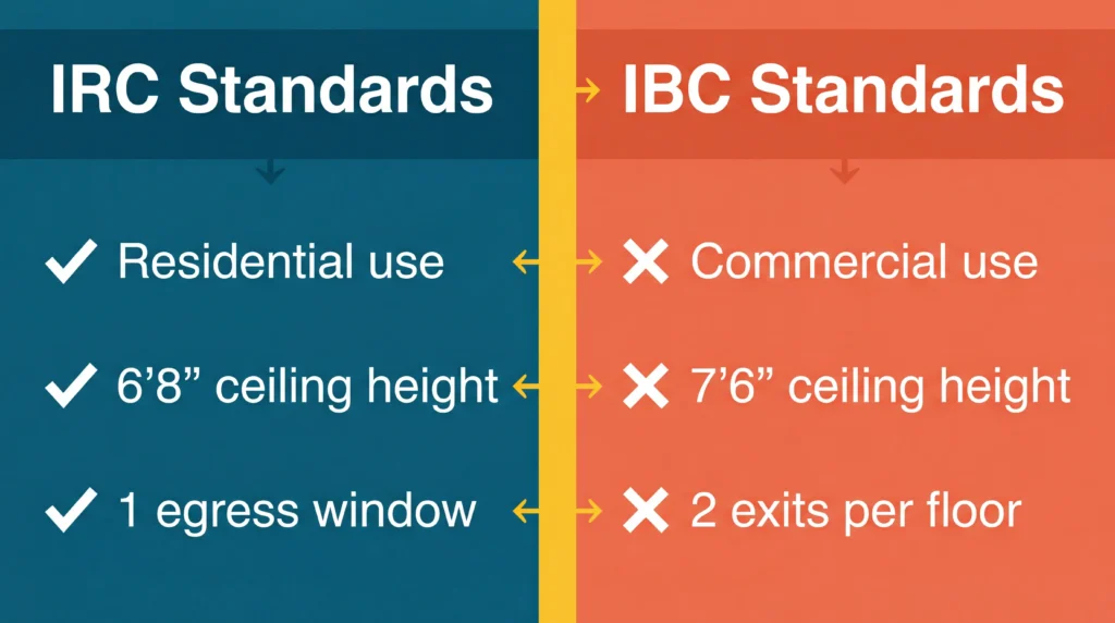 Infographic comparing IRC and IBC standards for tiny houses