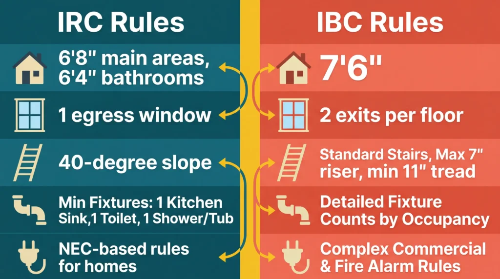 Infographic comparing IRC and IBC zoning rules for tiny houses.