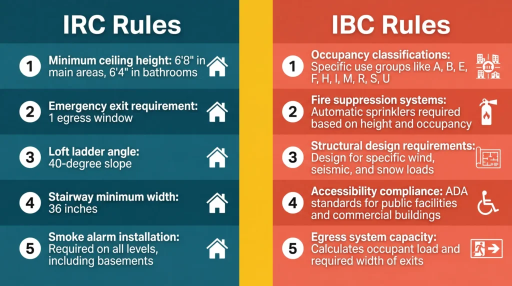 Infographic comparing IRC and IBC zoning rules for tiny houses.