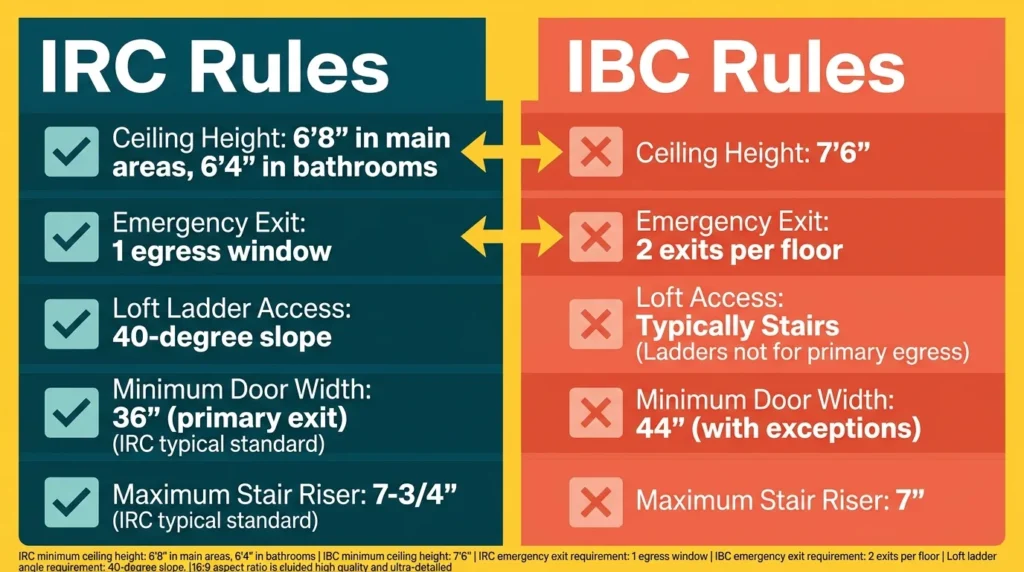 Infographic comparing IRC and IBC zoning rules for tiny houses.