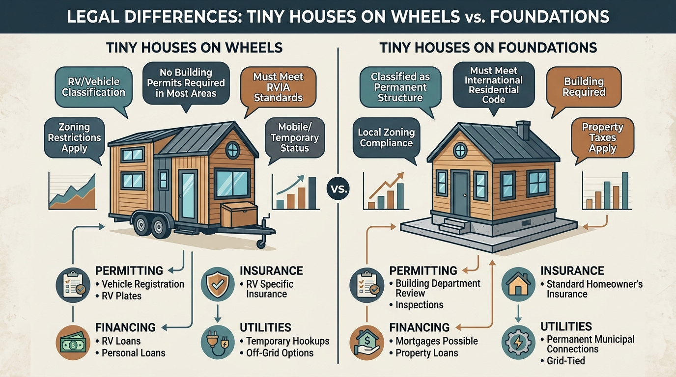 Infographic comparing legal requirements for tiny houses on wheels vs foundations.