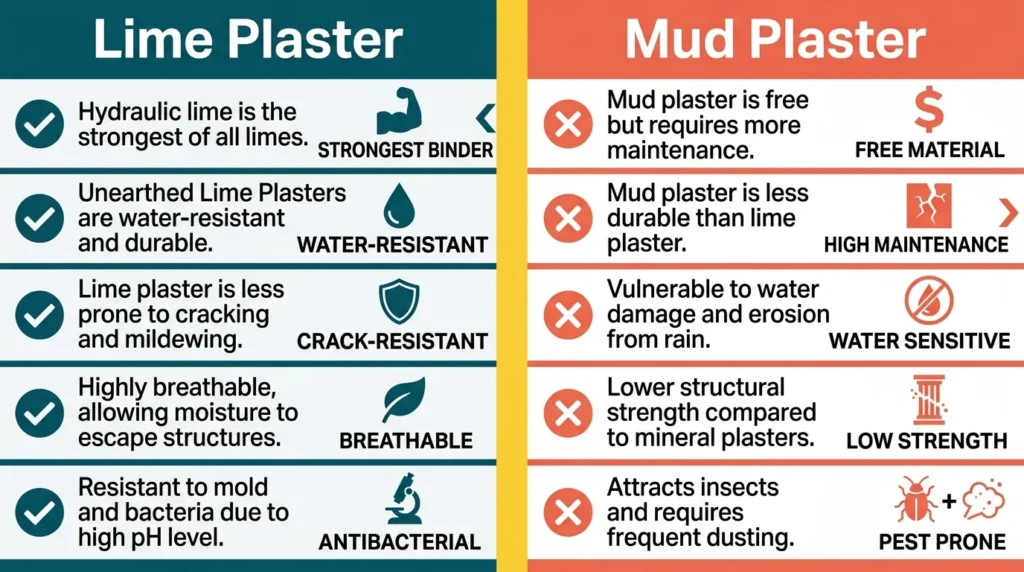 Infographic comparing lime plaster and mud plaster for straw bale houses.