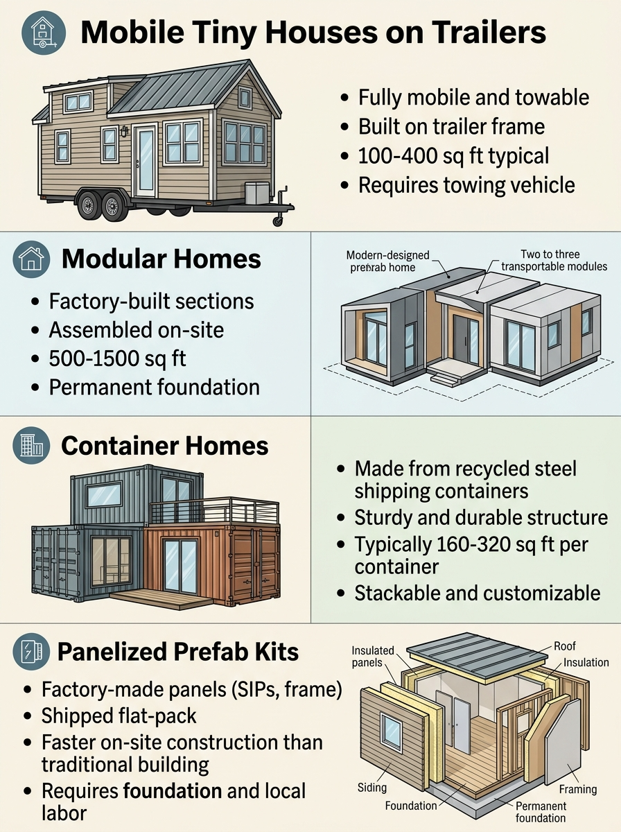 Infographic comparing mobile, modular, container, and park model prefab tiny houses.
