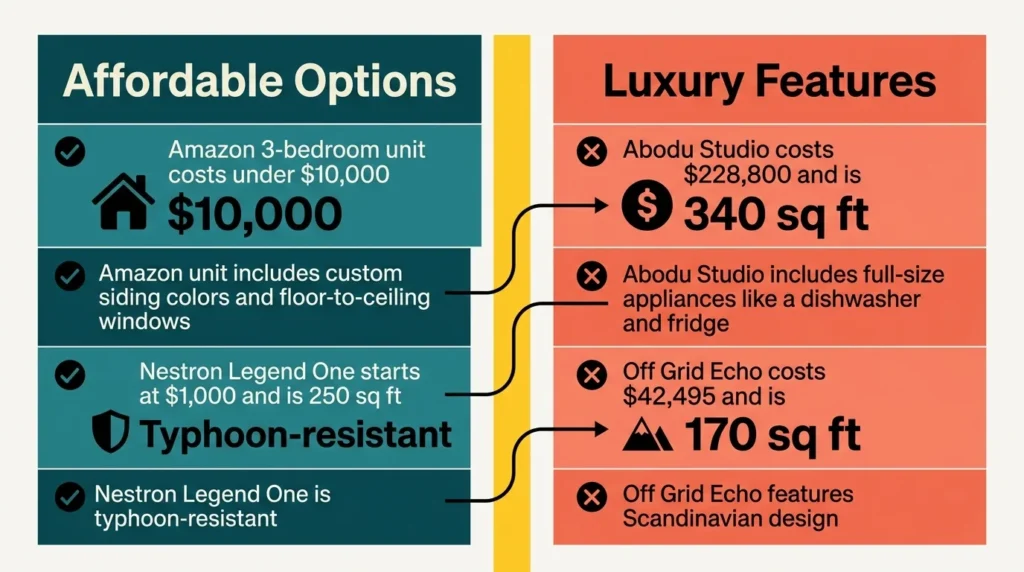 Infographic comparing modern tiny house options by cost, size, and features.