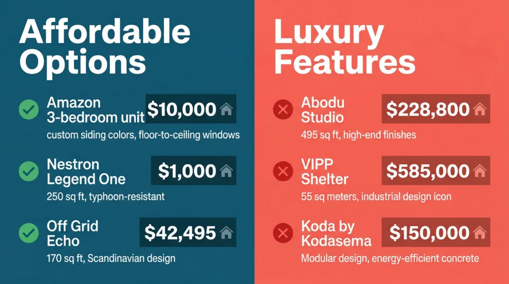 Infographic comparing modern tiny house options by cost, size, and features.