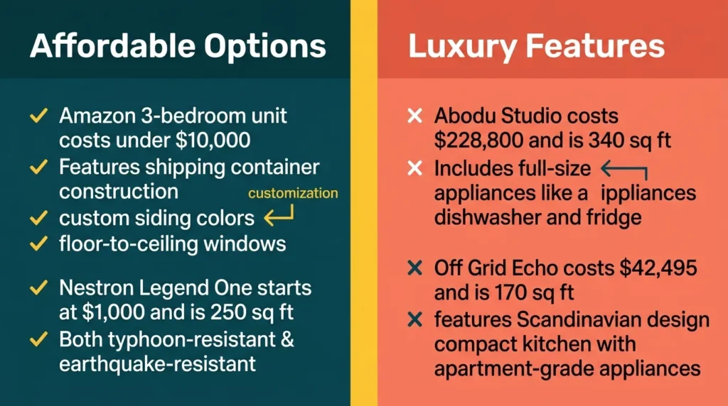 Infographic comparing modern tiny house options by price, size, and features.