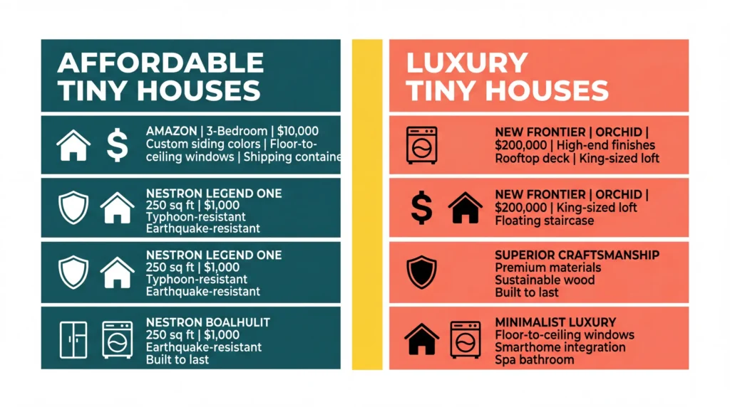 Infographic comparing modern tiny house prices, features, and designs.