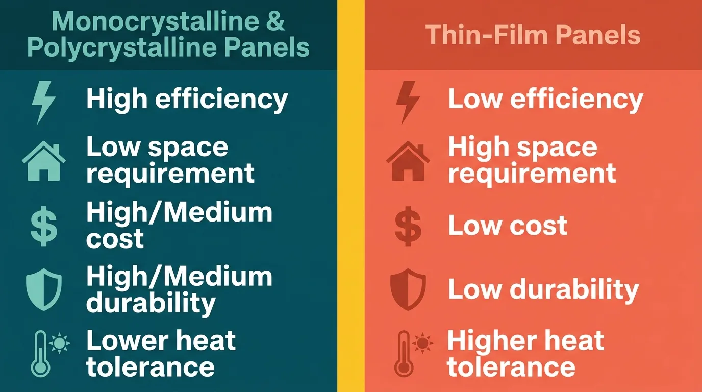 Infographic comparing monocrystalline, polycrystalline, and thin-film solar panels for tiny houses.
