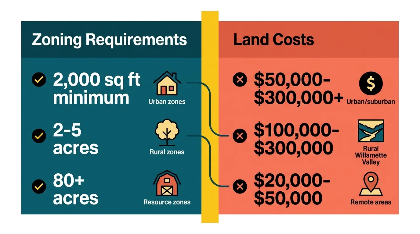 Infographic comparing Oregon tiny house zoning and land costs.