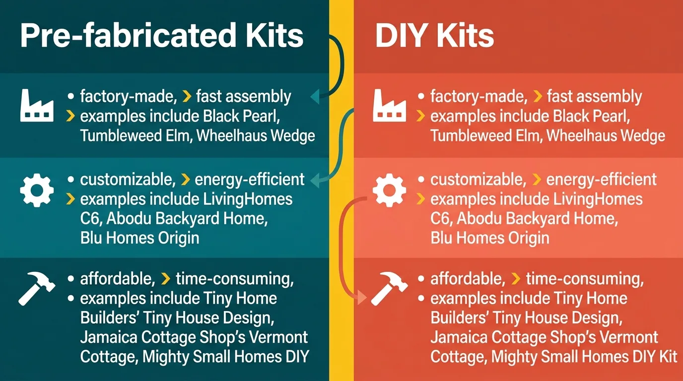 Infographic comparing pre-fabricated, modular, and DIY tiny house kits.