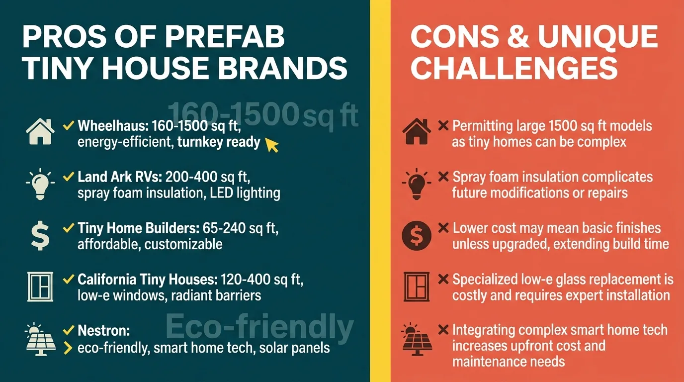 Infographic comparing prefab tiny house brands by size, features, and sustainability.