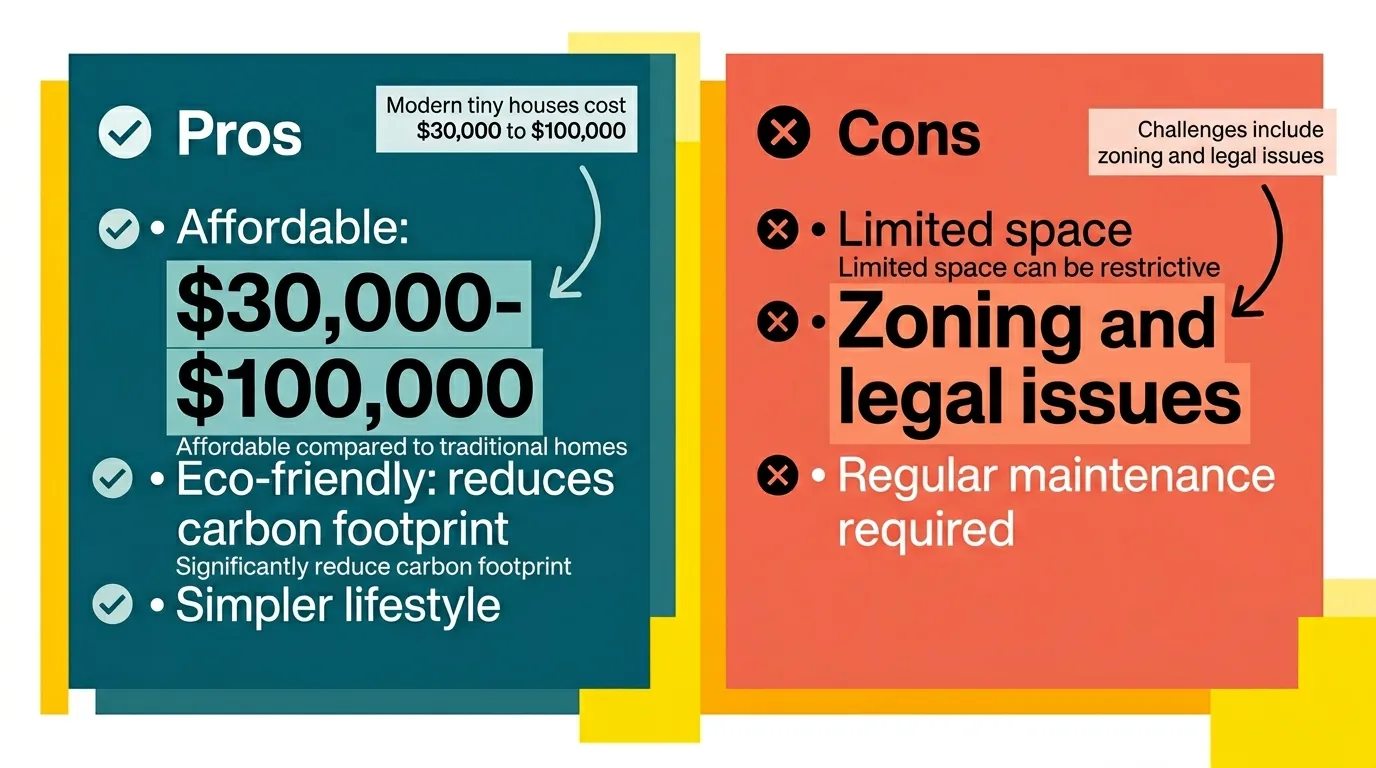 Infographic comparing pros and cons of modern tiny houses