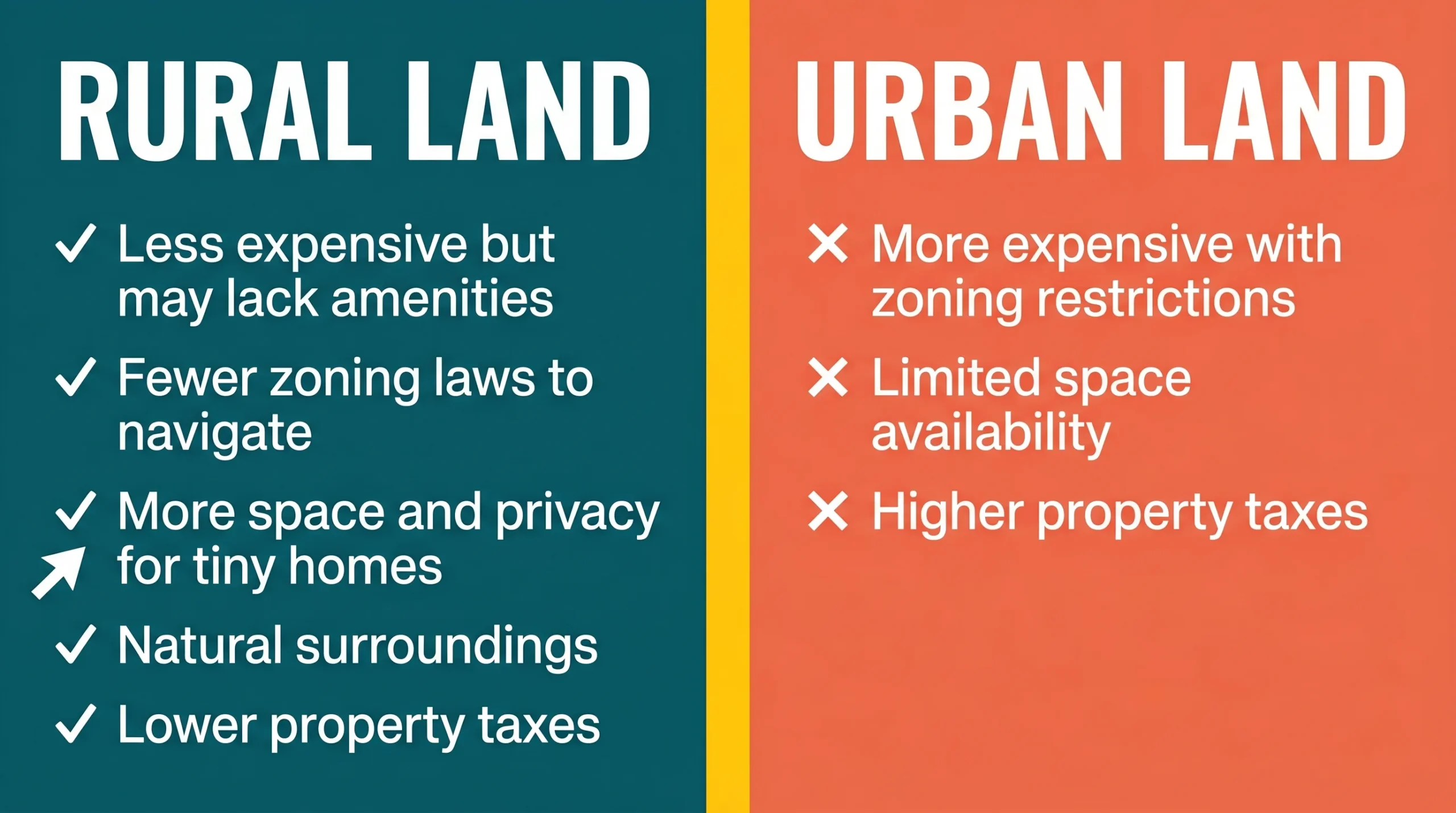 Infographic comparing rural and urban land for tiny house living.
