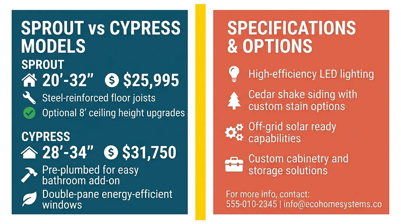 Infographic comparing Sprout, Cypress, Everest, and Juniper tiny house shell models.