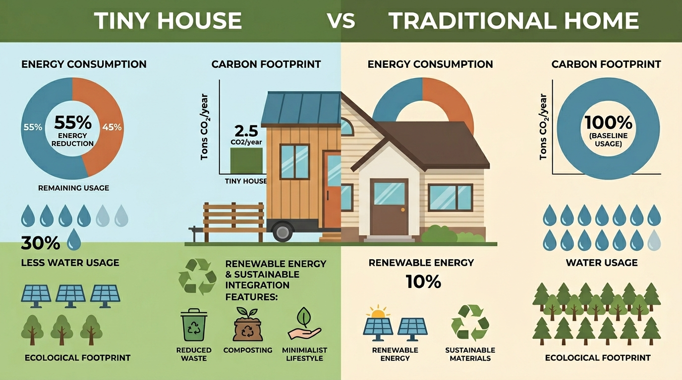 Infographic comparing tiny house and traditional home environmental impact.