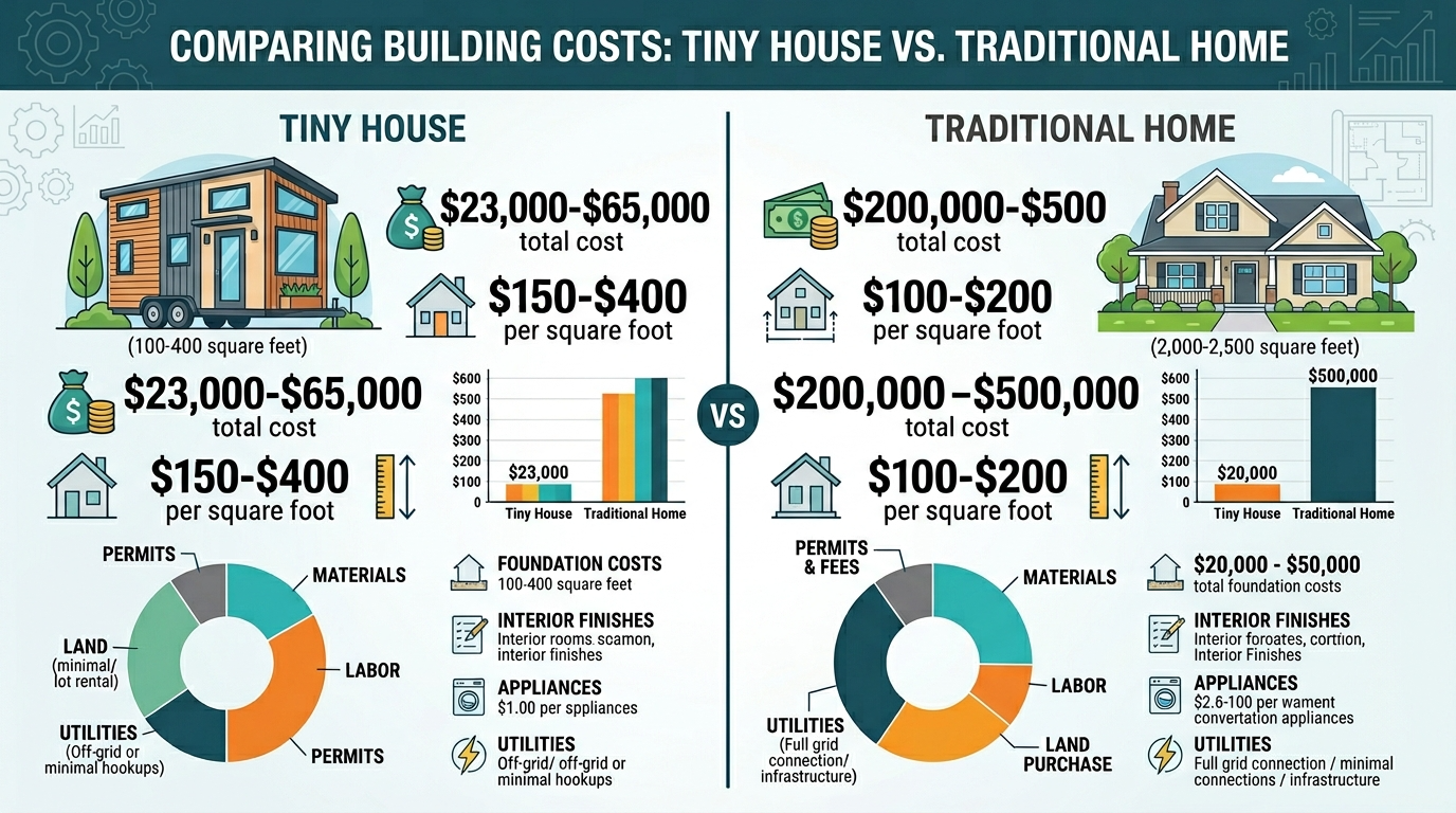 Infographic comparing tiny house and traditional home building costs.