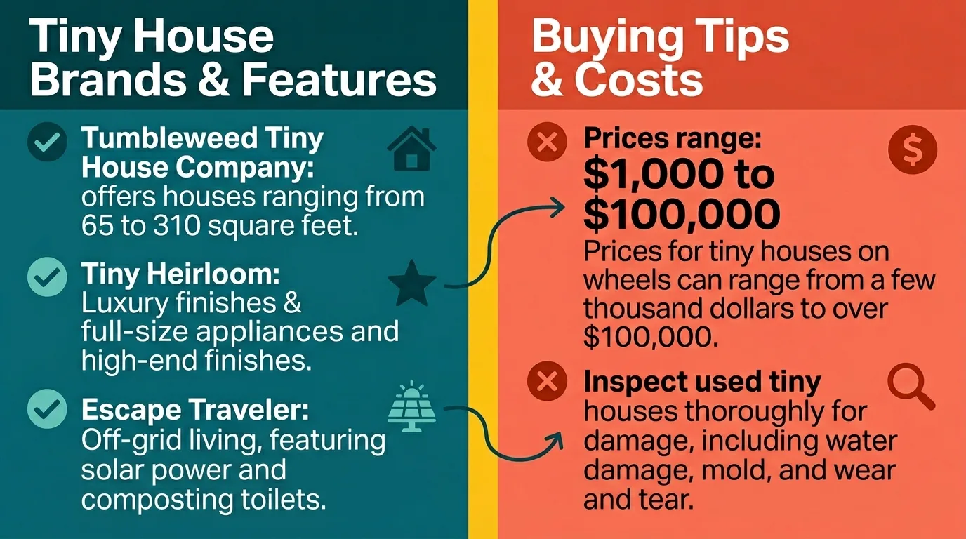 Infographic comparing tiny house brands, features, and buying tips.