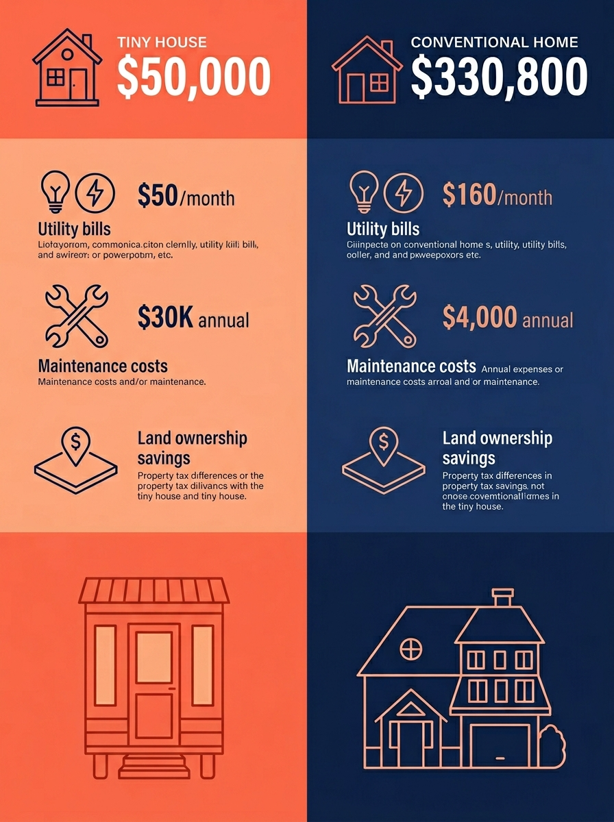 Infographic comparing tiny house cost to conventional home, highlighting savings in utilities and maintenance.