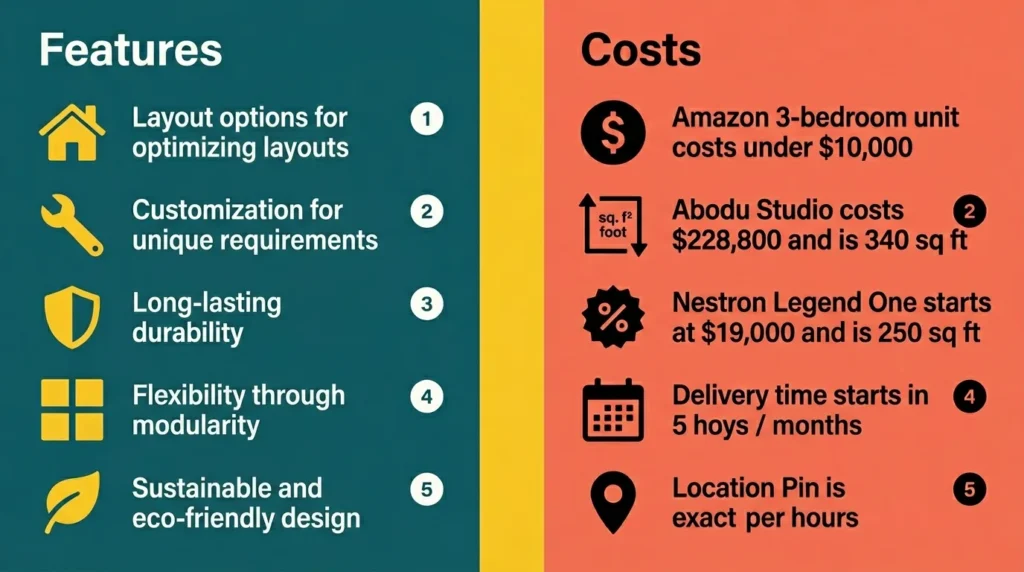 Infographic comparing tiny house features and costs side by side.