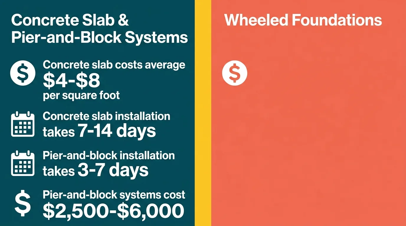 Infographic comparing tiny house foundation types by cost, installation time, and features.