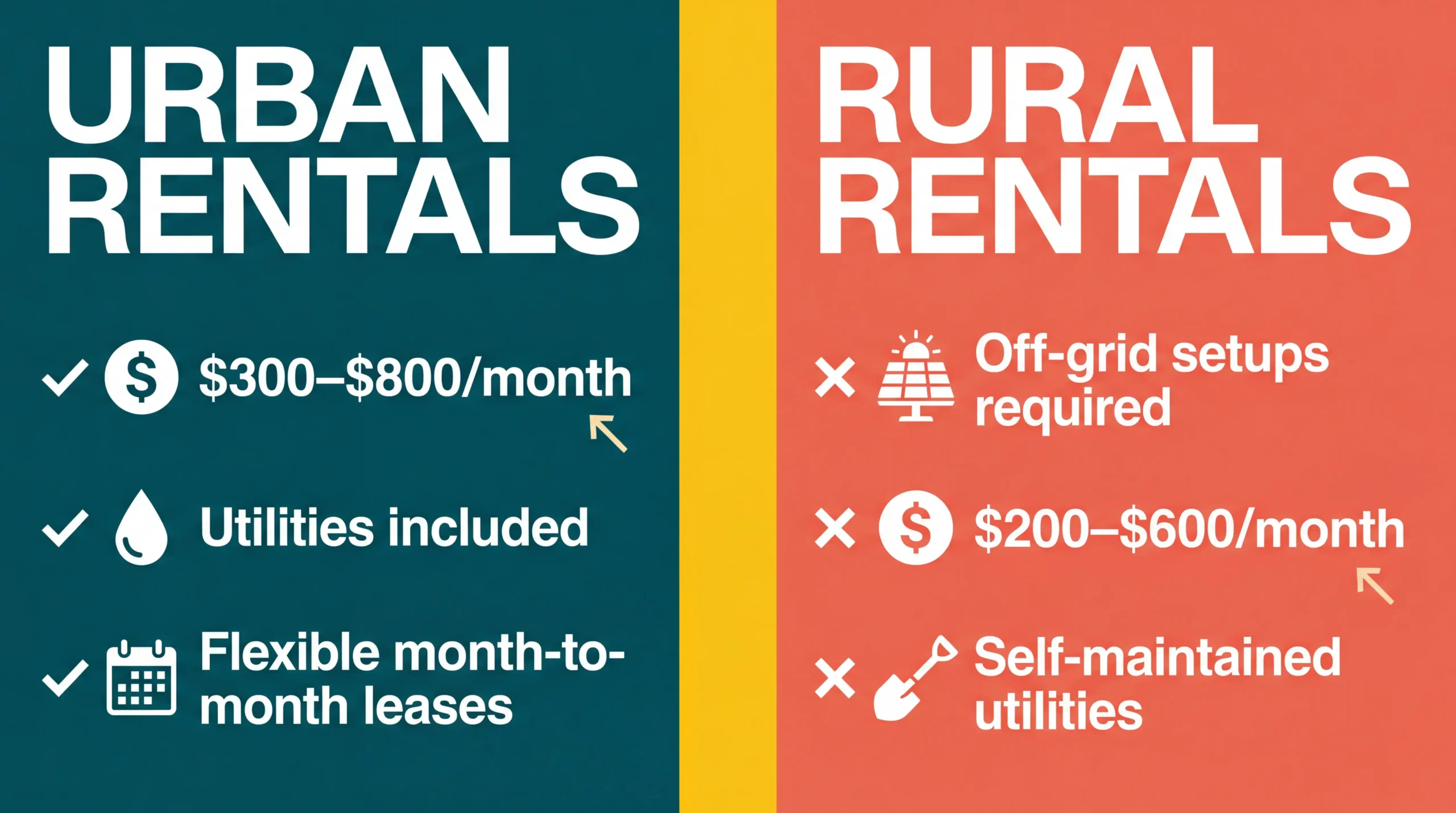 Infographic comparing tiny house land rental costs and features.