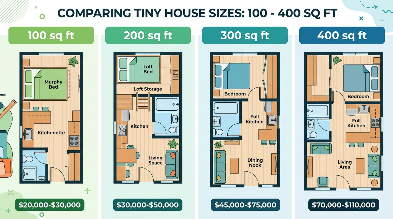 Infographic comparing tiny house sizes and their cost ranges.