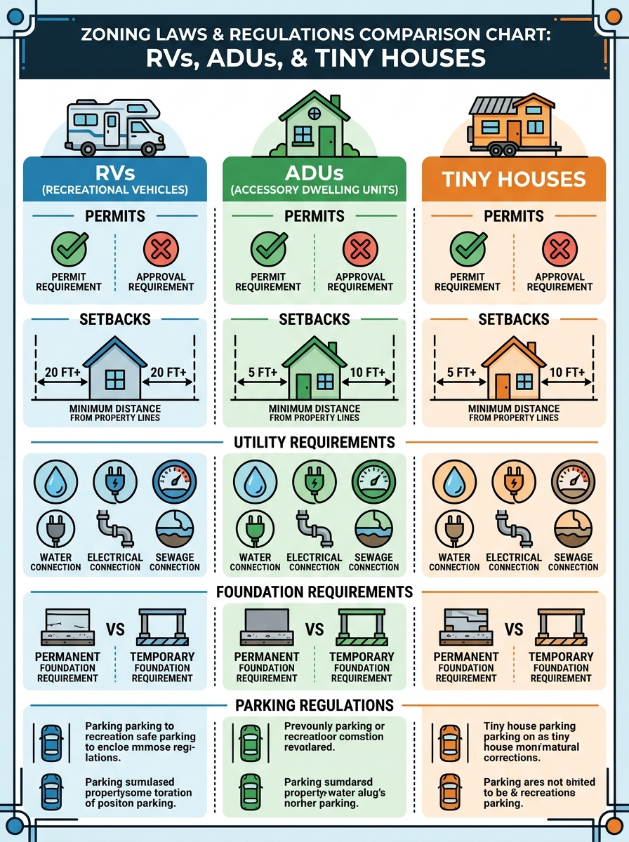 Infographic comparing zoning laws for RVs and ADUs for tiny houses.