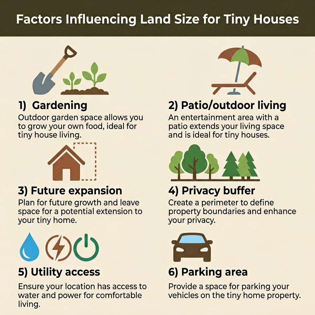 Infographic detailing factors like gardening and patios influencing tiny house land size.