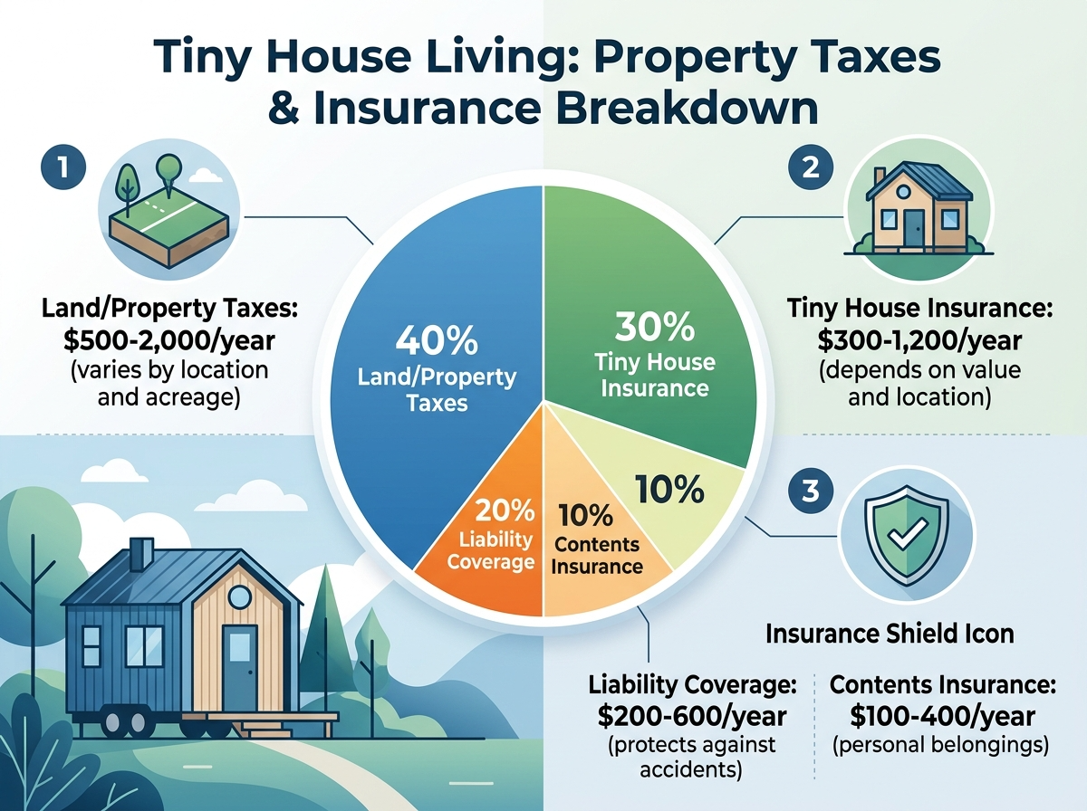 Infographic detailing property taxes and insurance costs for tiny house living.