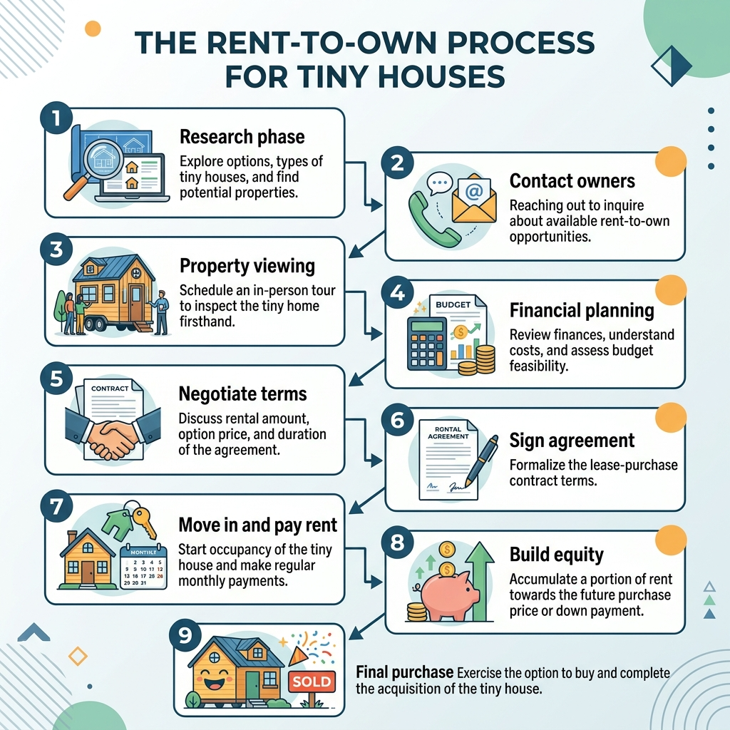 Infographic explaining the rent-to-own process for tiny houses.