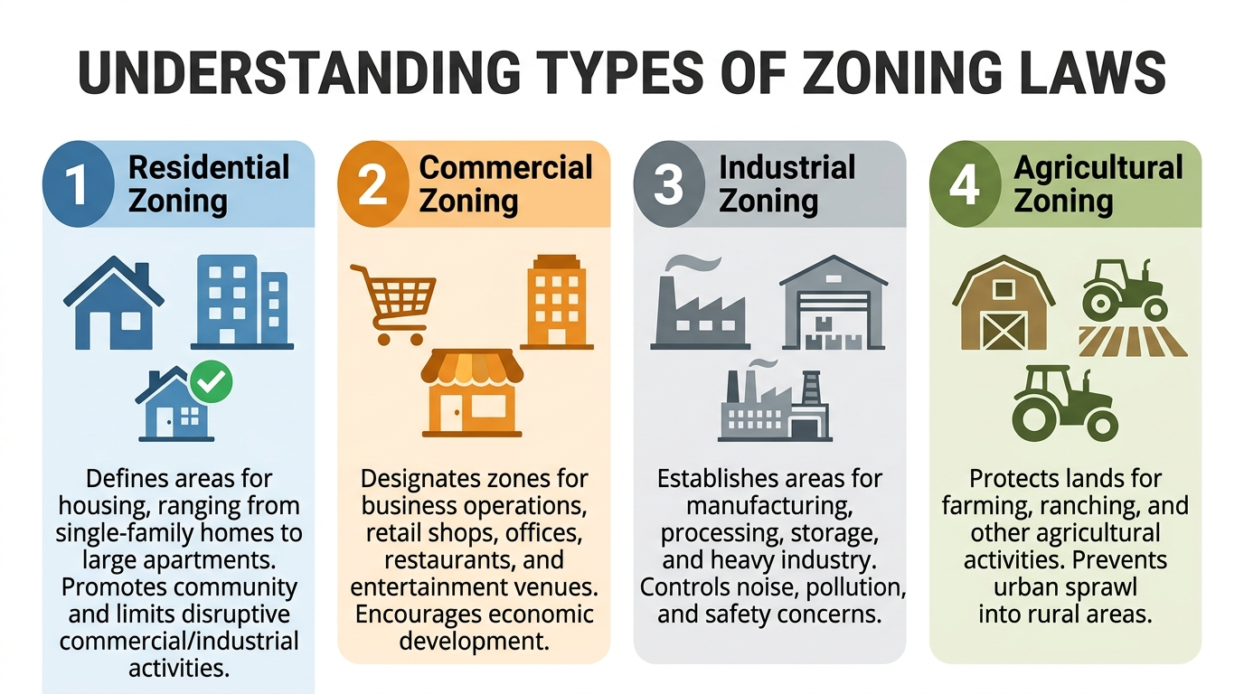 Infographic explaining zoning laws for tiny houses, highlighting residential zoning.