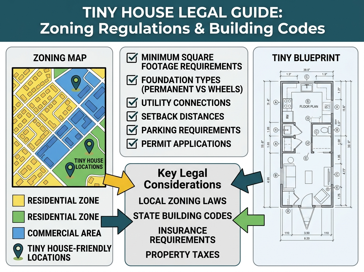 Infographic explaining zoning regulations and building codes for tiny houses.