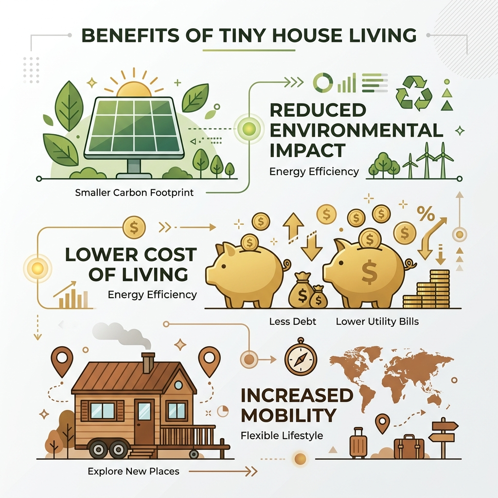 Infographic highlighting benefits of tiny house living: eco-friendly, affordable, and mobile.