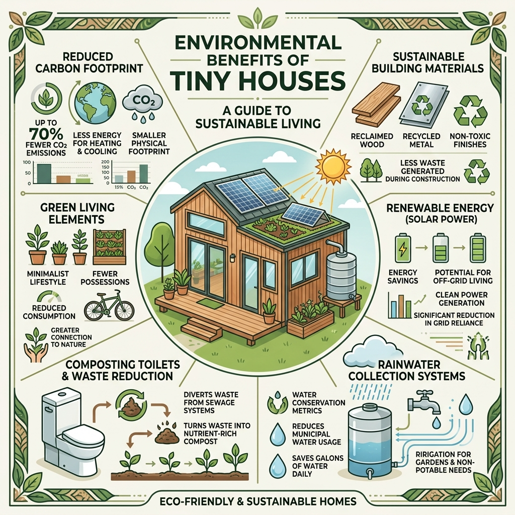 Infographic highlighting environmental benefits of tiny houses like reduced carbon footprint and sustainable systems.