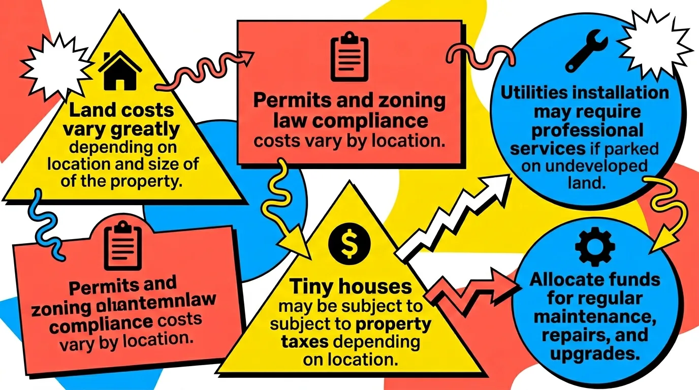 Infographic highlighting hidden costs of tiny house living with icons and colorful geometric shapes.