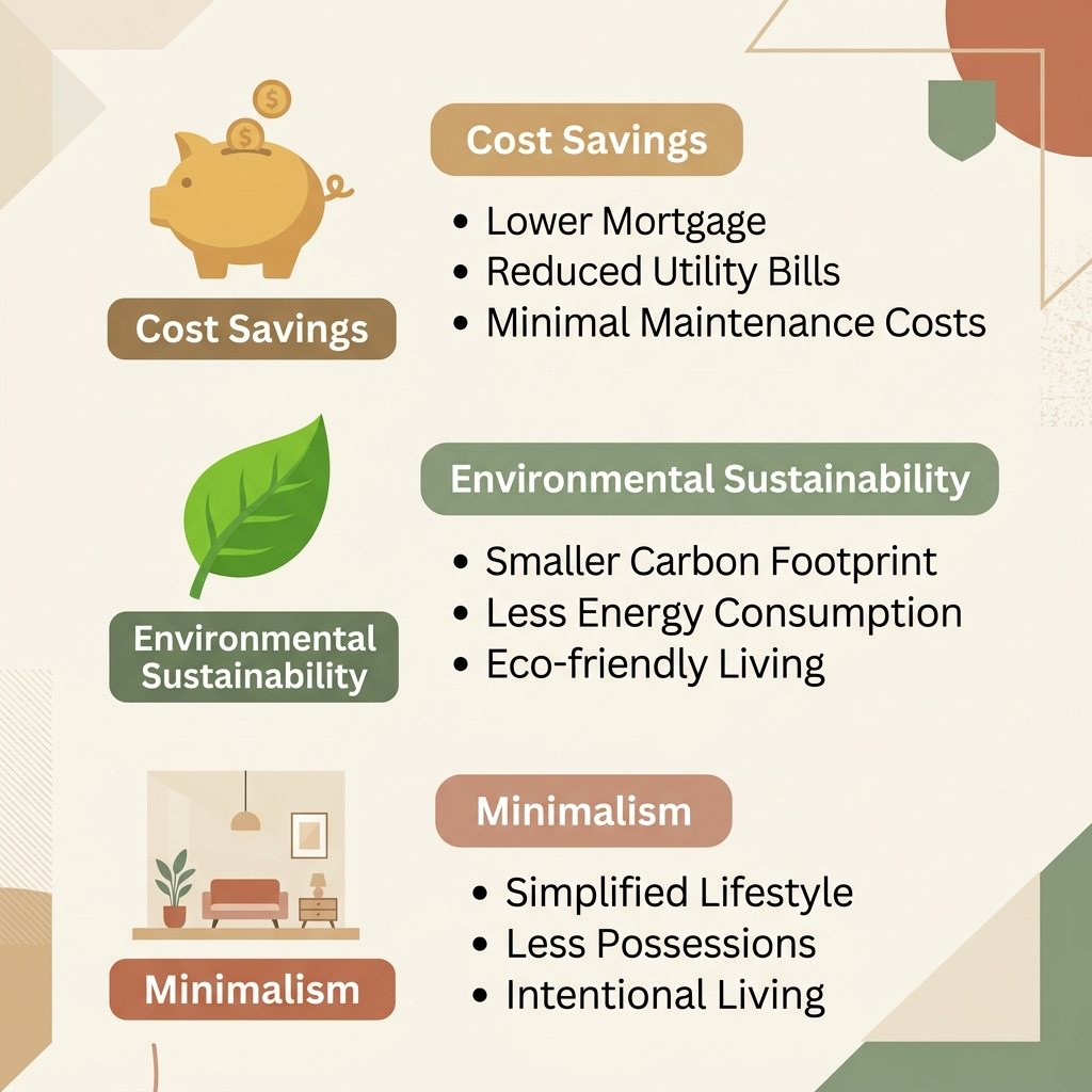 Infographic illustrating cost savings, sustainability, and minimalism in tiny house living.