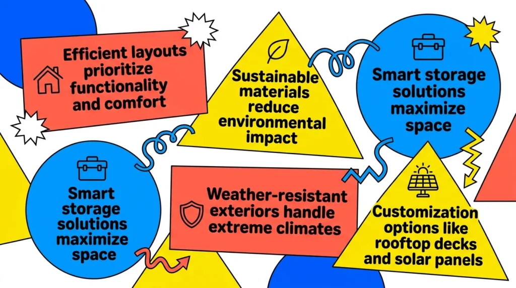 Infographic: Key benefits of modern tiny houses with icons and colorful geometric design