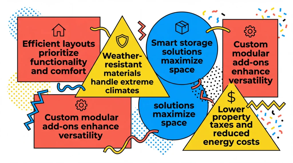 Infographic: Key benefits of modern tiny houses with icons and vibrant geometric design