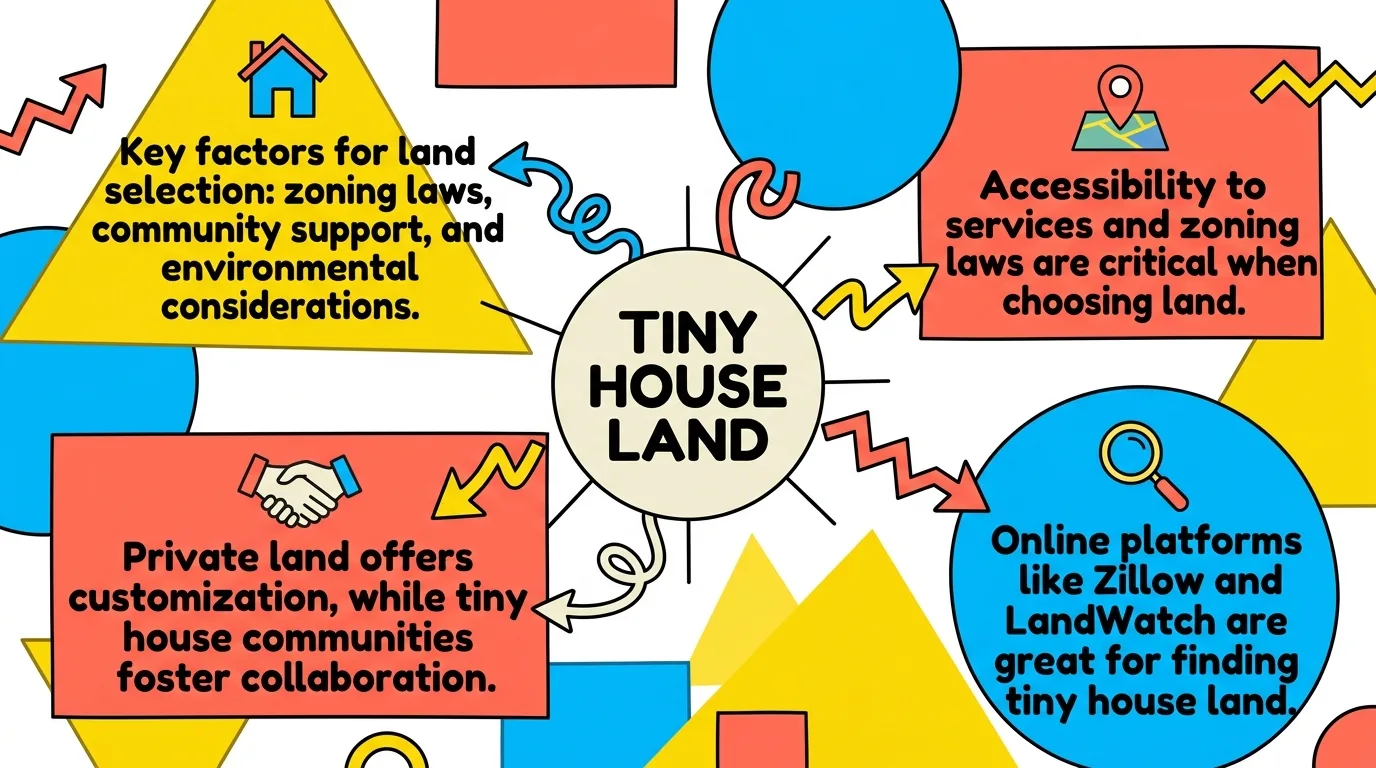 Infographic: Key considerations for tiny house land selection and living.