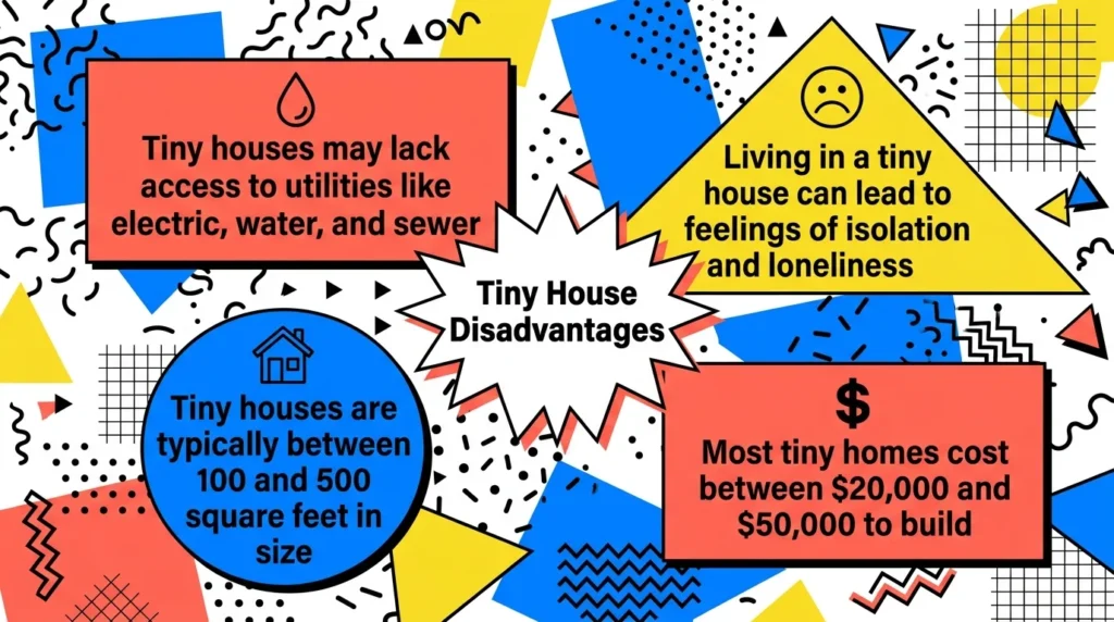 Infographic: Key disadvantages of tiny house living with icons and colorful geometric shapes.