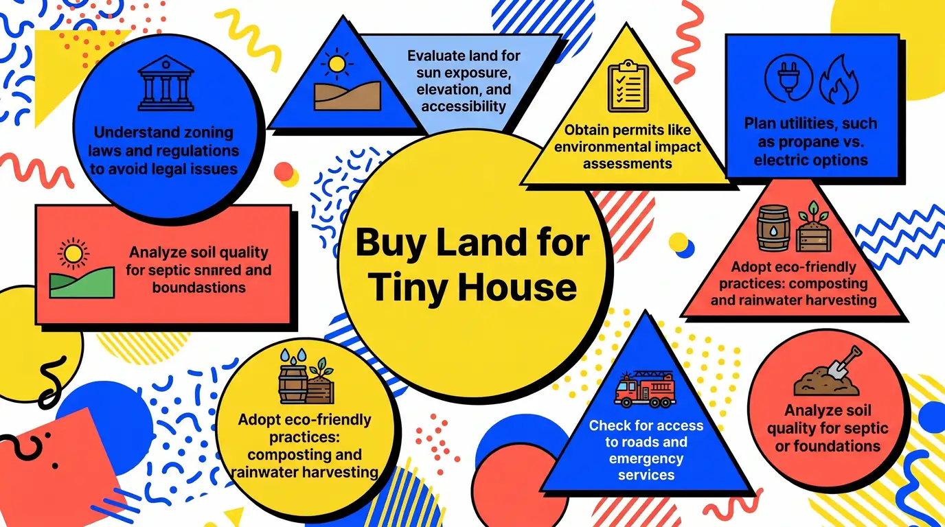 Infographic: Key insights for buying land for tiny houses, covering zoning, land evaluation, permits, utilities, sustainability, finances, and community.