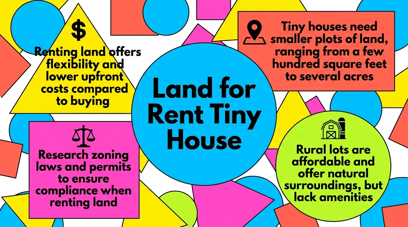 Infographic: Key insights for renting land for tiny houses with icons and colorful geometric shapes.