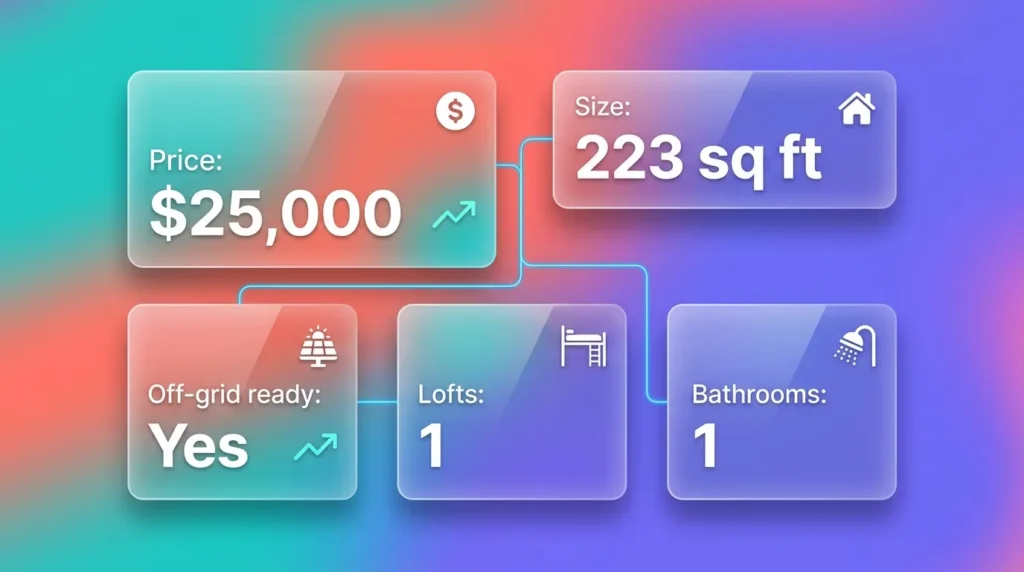 Infographic: key statistics of The Beach Cottage tiny home including price, size, and features.