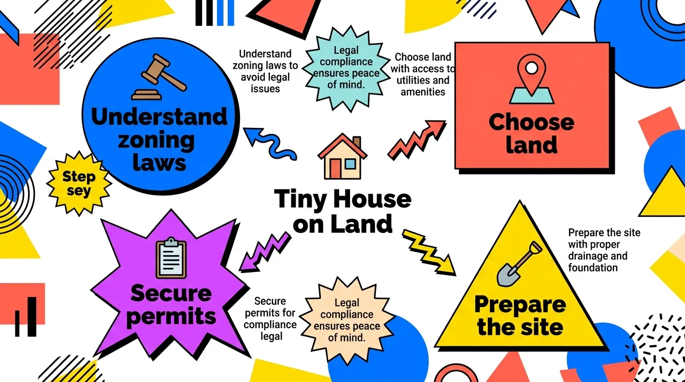 Infographic: Key steps to place a tiny house on land with icons and colorful geometric design