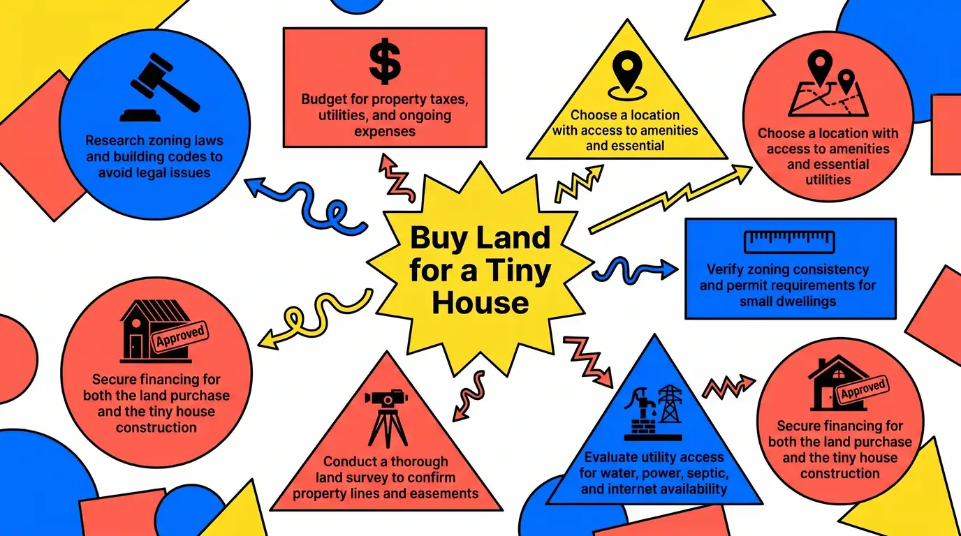 Infographic: Key tips for buying land for a tiny house, visually organized with icons and geometric shapes.