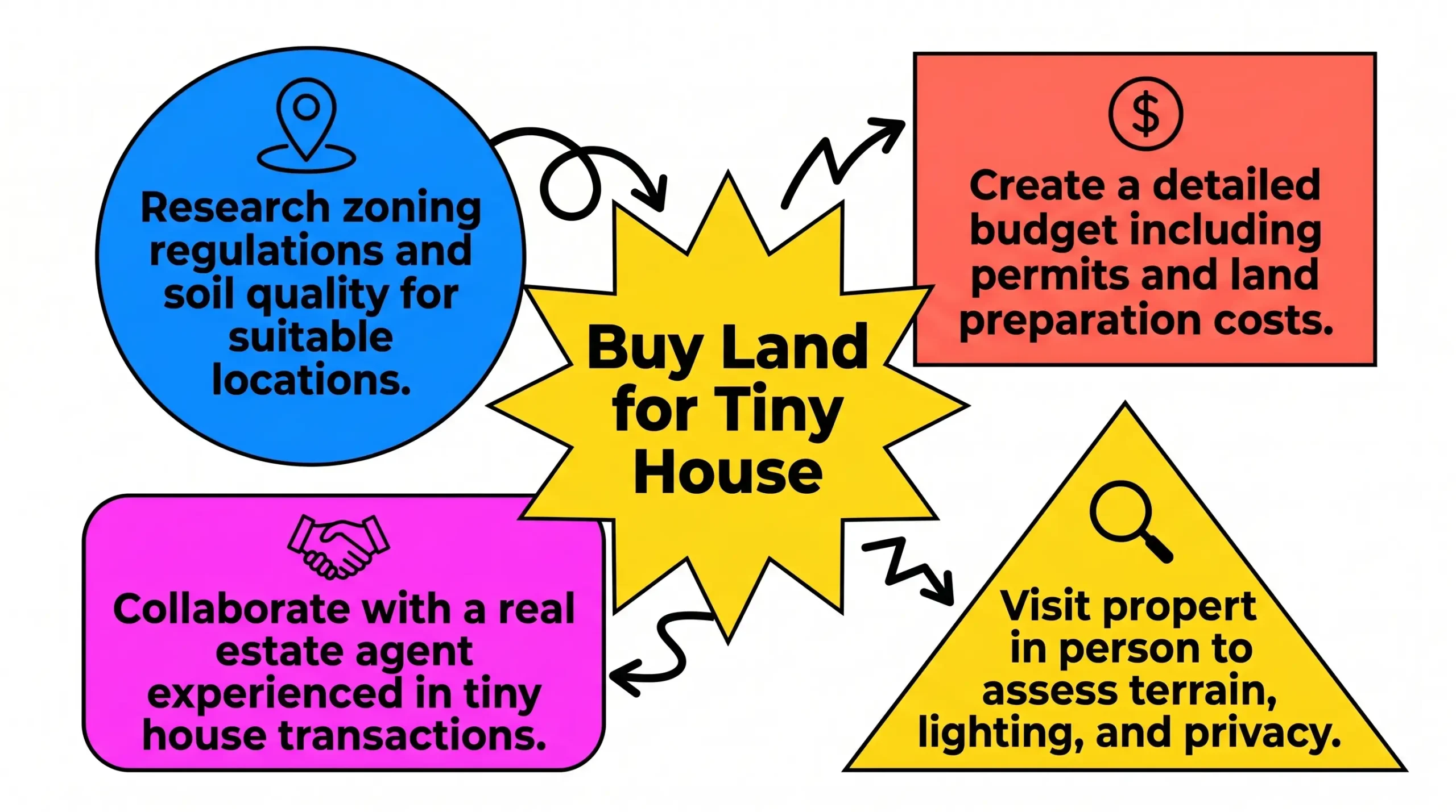 Infographic: Key tips for buying land for tiny houses, visually organized with icons and colorful geometric shapes.