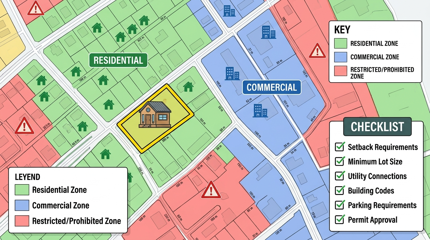 Infographic map showing zoning laws and compliance for tiny house land selection.