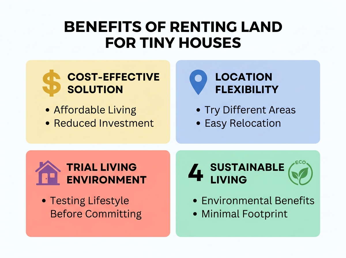 Infographic of benefits of renting land for tiny houses: cost, flexibility, trial living, sustainability.